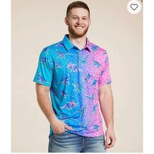 Chubbies‎ The Dino Delight Performance Polo Shirt Men's Size S Blue Pink